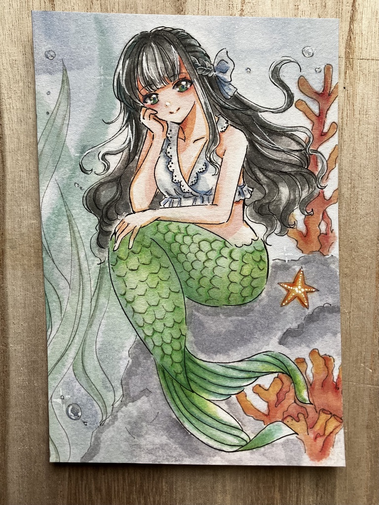 【手描き原画】『水底のまどろみ』人魚姫 とサンゴ🪸/ 透明水彩イラスト