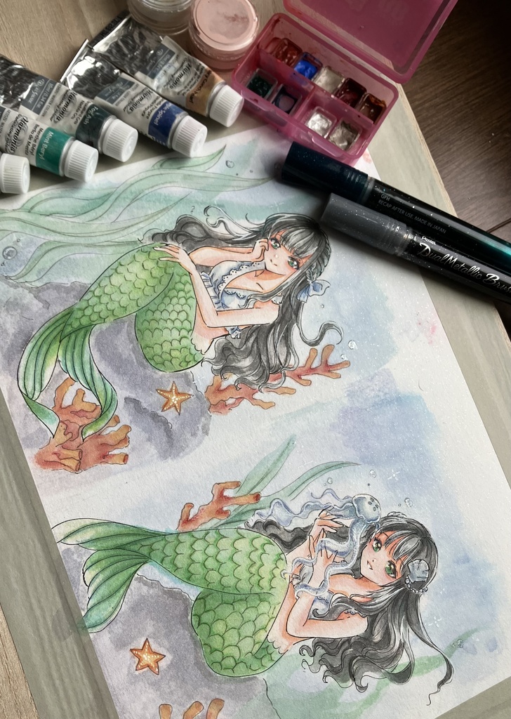 【手描き原画】『水底のまどろみ』人魚姫 とサンゴ🪸/ 透明水彩イラスト