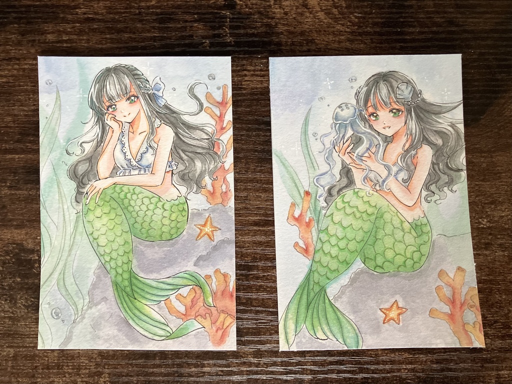 【手描き原画】『水底のまどろみ』人魚姫 とサンゴ🪸/ 透明水彩イラスト