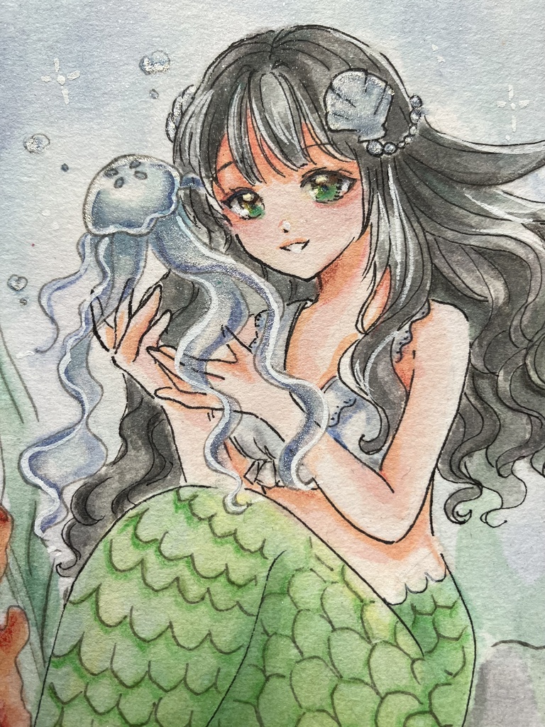 【手描き原画】クラゲ🪼と人魚姫 / 透明水彩イラスト
