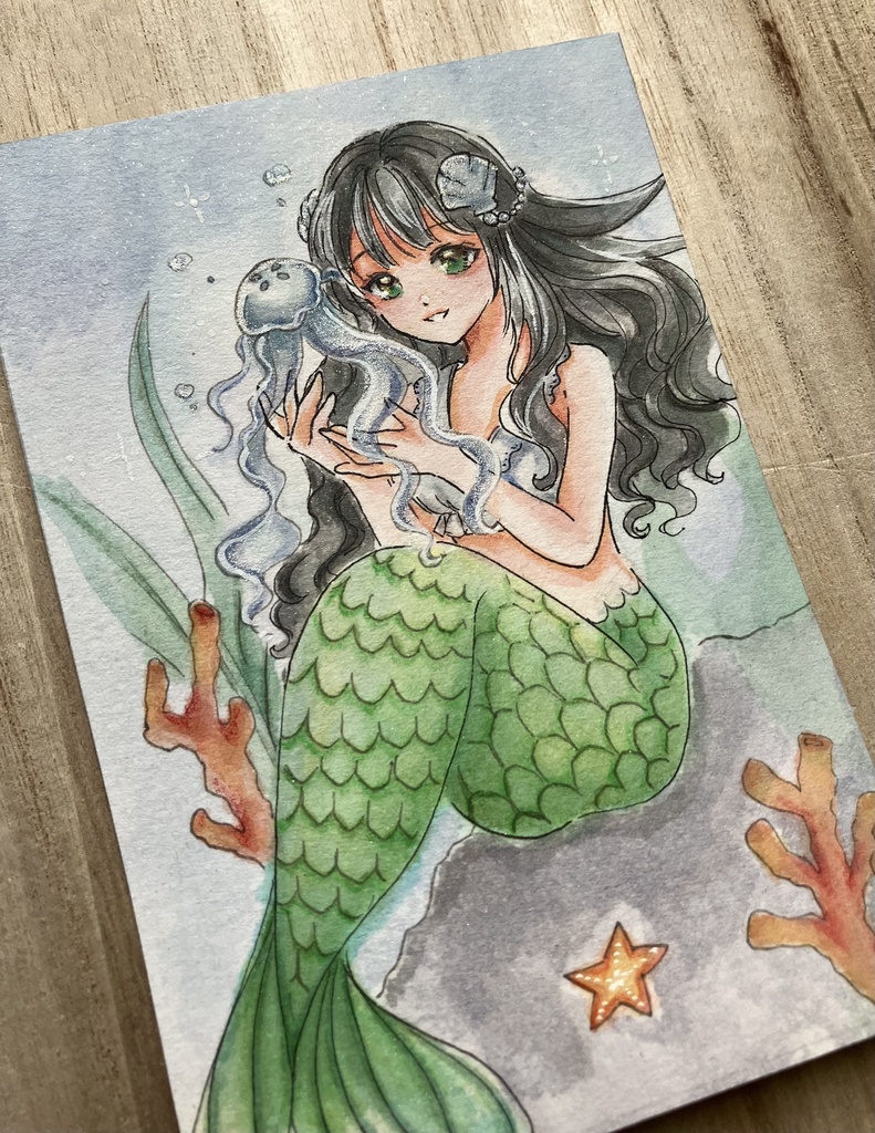 【手描き原画】クラゲ🪼と人魚姫 / 透明水彩イラスト