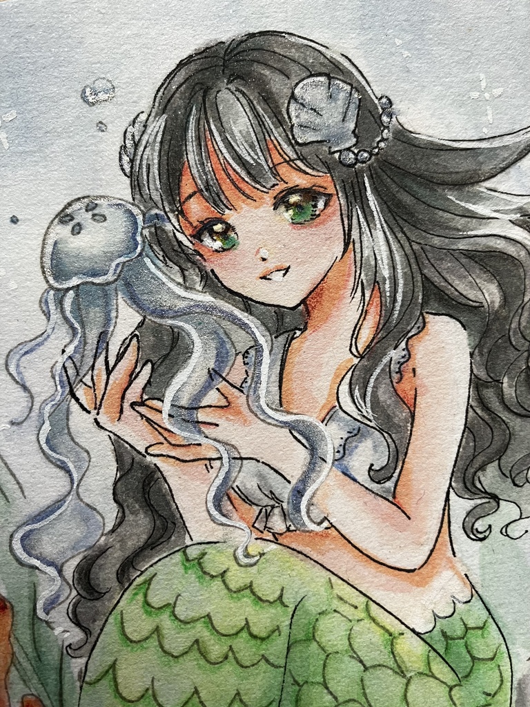 【手描き原画】クラゲ🪼と人魚姫 / 透明水彩イラスト