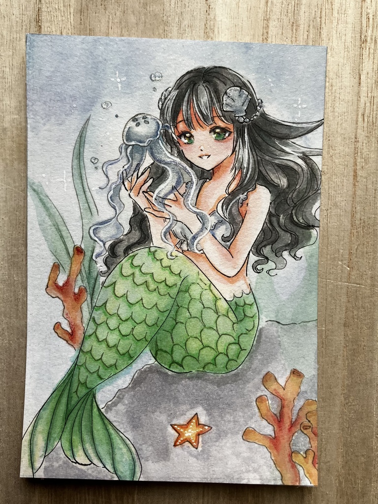 【手描き原画】クラゲ🪼と人魚姫 / 透明水彩イラスト