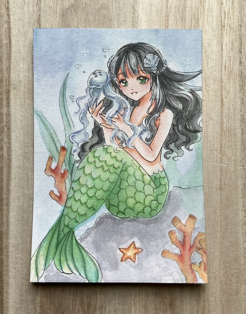 【手描き原画】クラゲ🪼と人魚姫 / 透明水彩イラスト