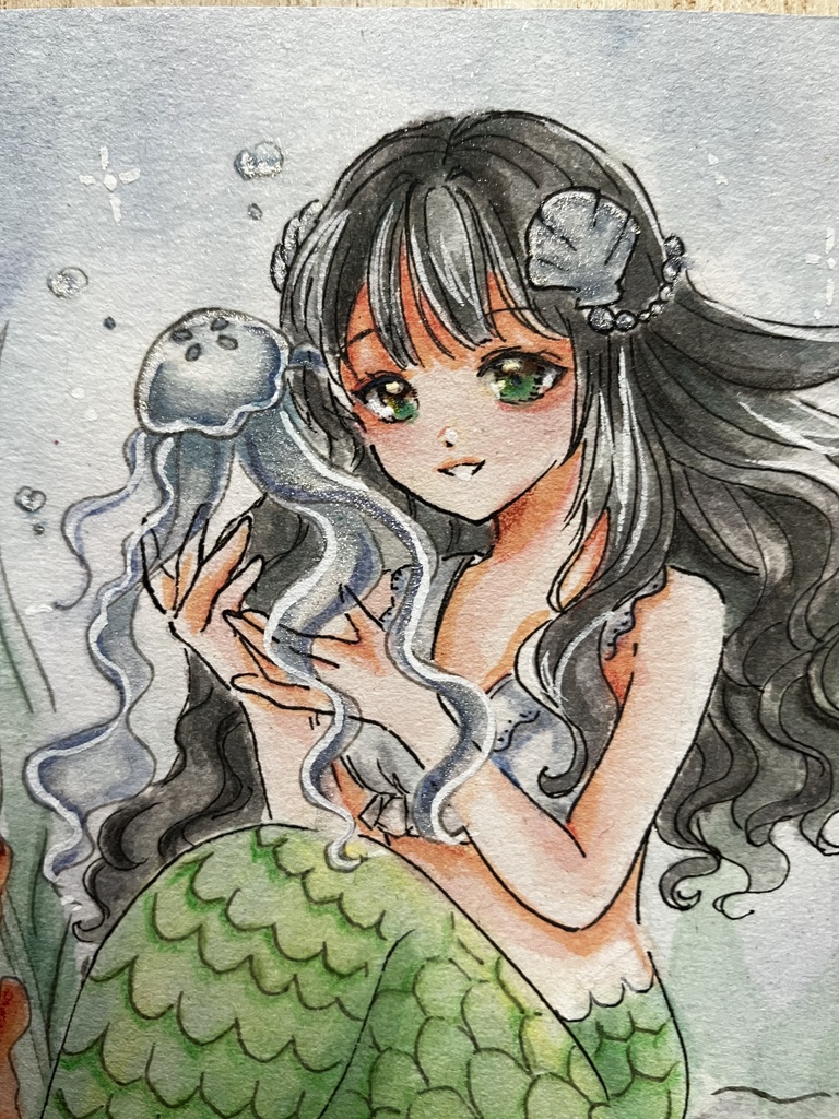 【手描き原画】クラゲ🪼と人魚姫 / 透明水彩イラスト