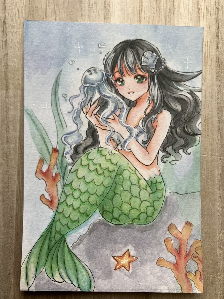【手描き原画】クラゲ🪼と人魚姫 / 透明水彩イラスト
