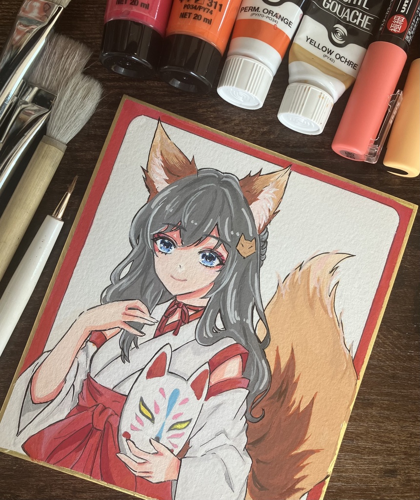 色紙原画/原画販売/一点物/狐巫女さん /手描き色紙