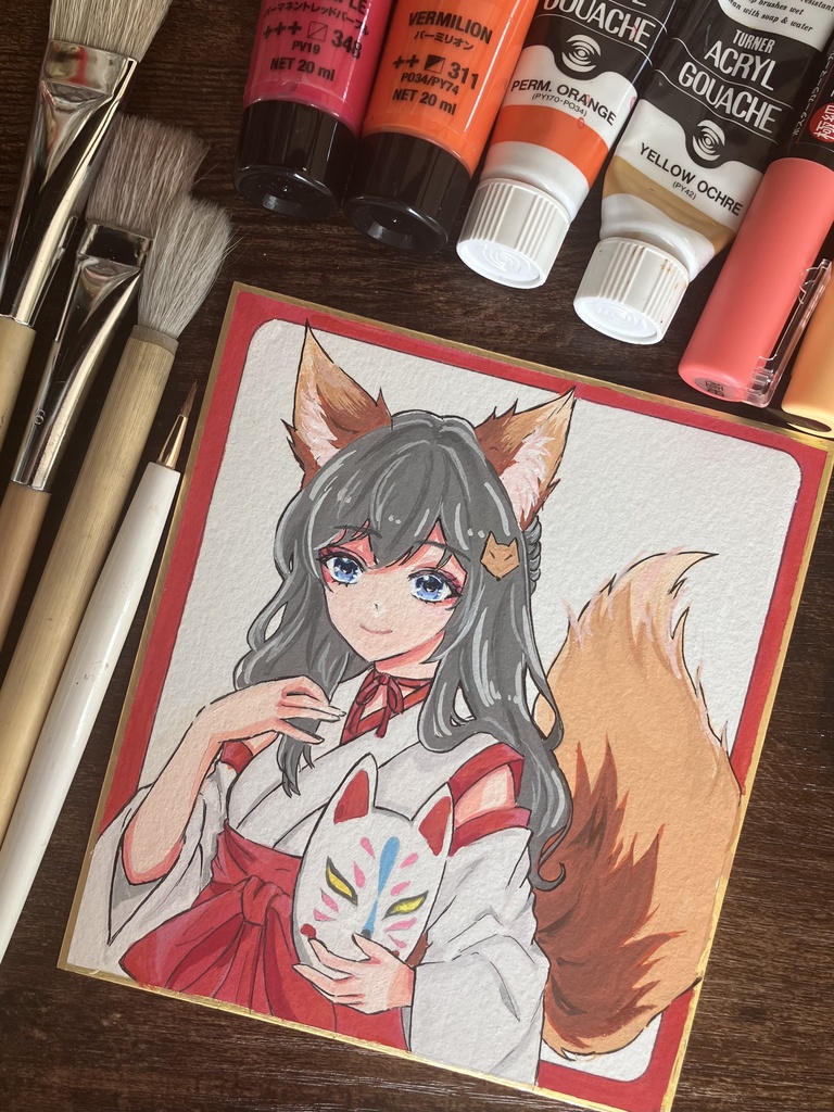 色紙原画/原画販売/一点物/狐巫女さん /手描き色紙