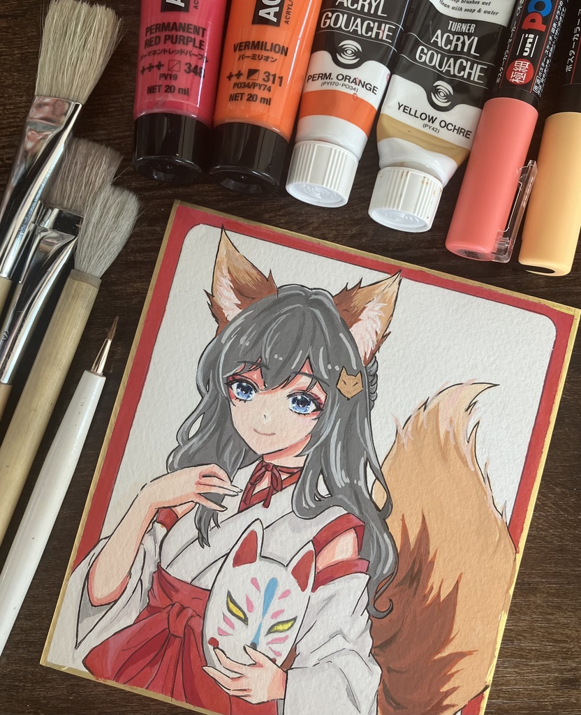 色紙原画/原画販売/一点物/狐巫女さん /手描き色紙