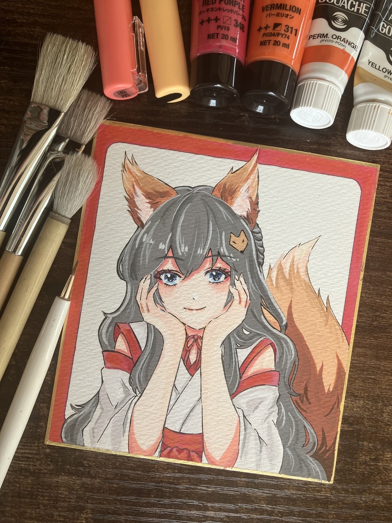 色紙原画一点物/寸松庵色紙/アクリルガッシュ/狐巫女