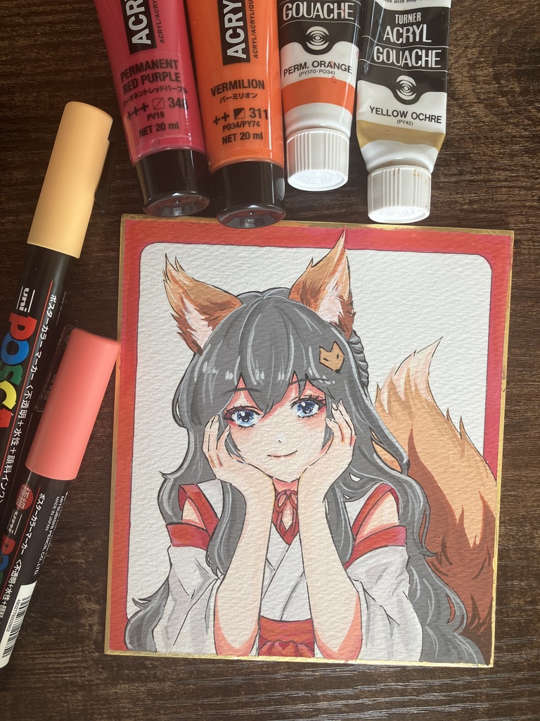 色紙原画一点物/寸松庵色紙/アクリルガッシュ/狐巫女