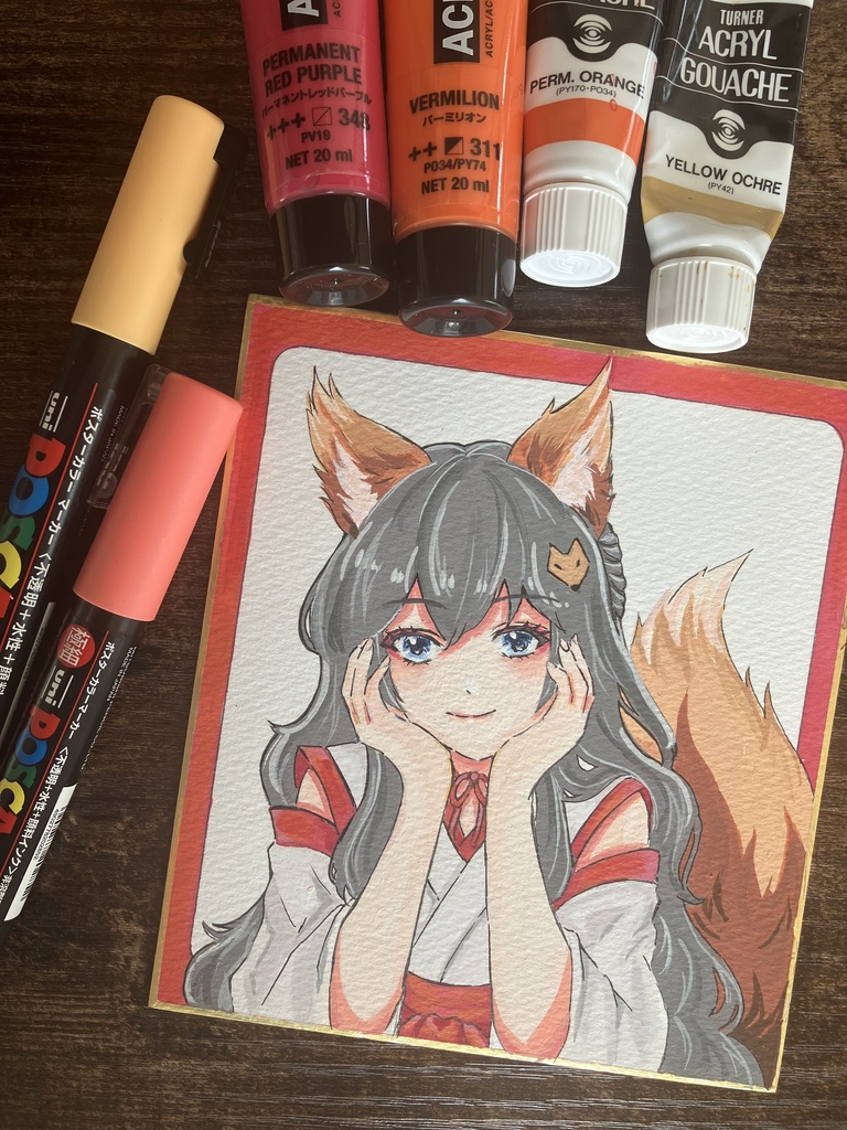 色紙原画一点物/寸松庵色紙/アクリルガッシュ/狐巫女
