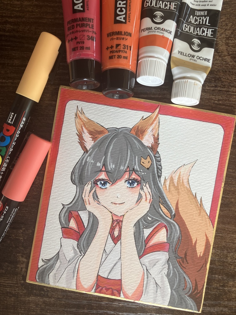 色紙原画一点物/寸松庵色紙/アクリルガッシュ/狐巫女