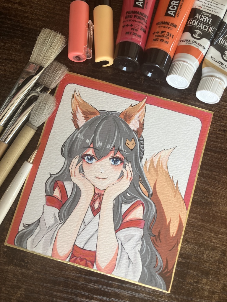 色紙原画一点物/寸松庵色紙/アクリルガッシュ/狐巫女