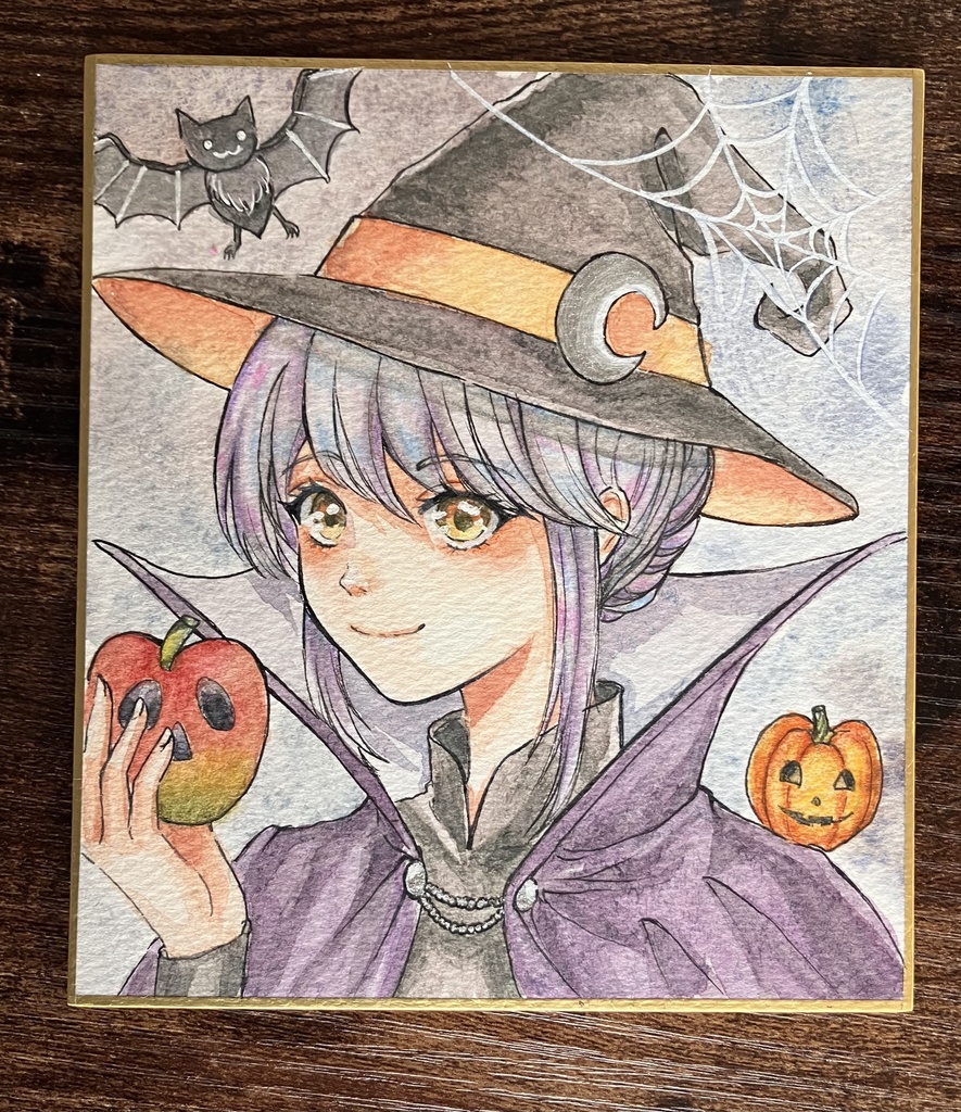 【直筆一点物原画】手描きイラスト『ハロウィンの小魔女』水彩・色鉛筆 / 寸松庵色紙