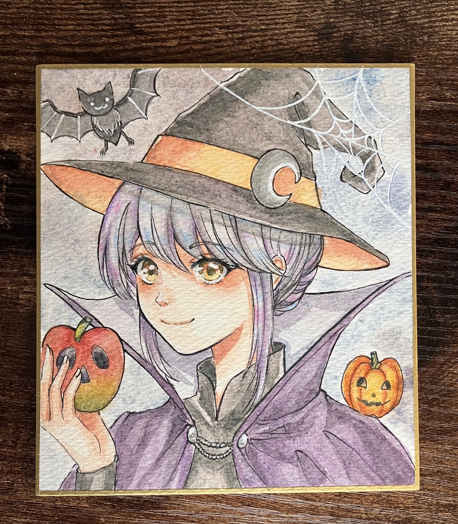 【直筆一点物原画】手描きイラスト『ハロウィンの小魔女』水彩・色鉛筆 / 寸松庵色紙