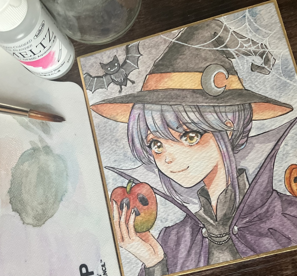 【直筆一点物原画】手描きイラスト『ハロウィンの小魔女』水彩・色鉛筆 / 寸松庵色紙