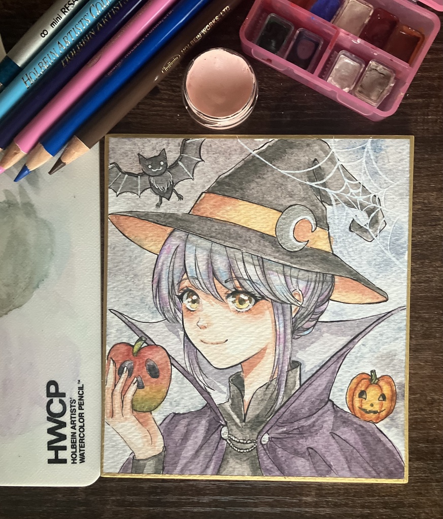 【直筆一点物原画】手描きイラスト『ハロウィンの小魔女』水彩・色鉛筆 / 寸松庵色紙