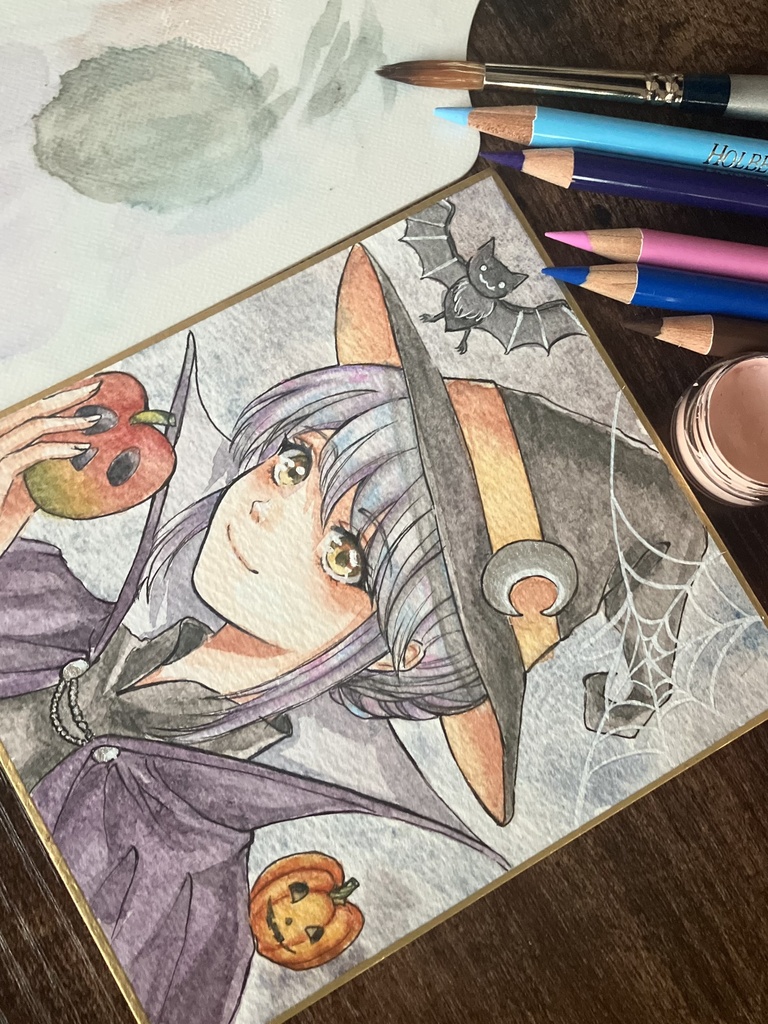 【直筆一点物原画】手描きイラスト『ハロウィンの小魔女』水彩・色鉛筆 / 寸松庵色紙