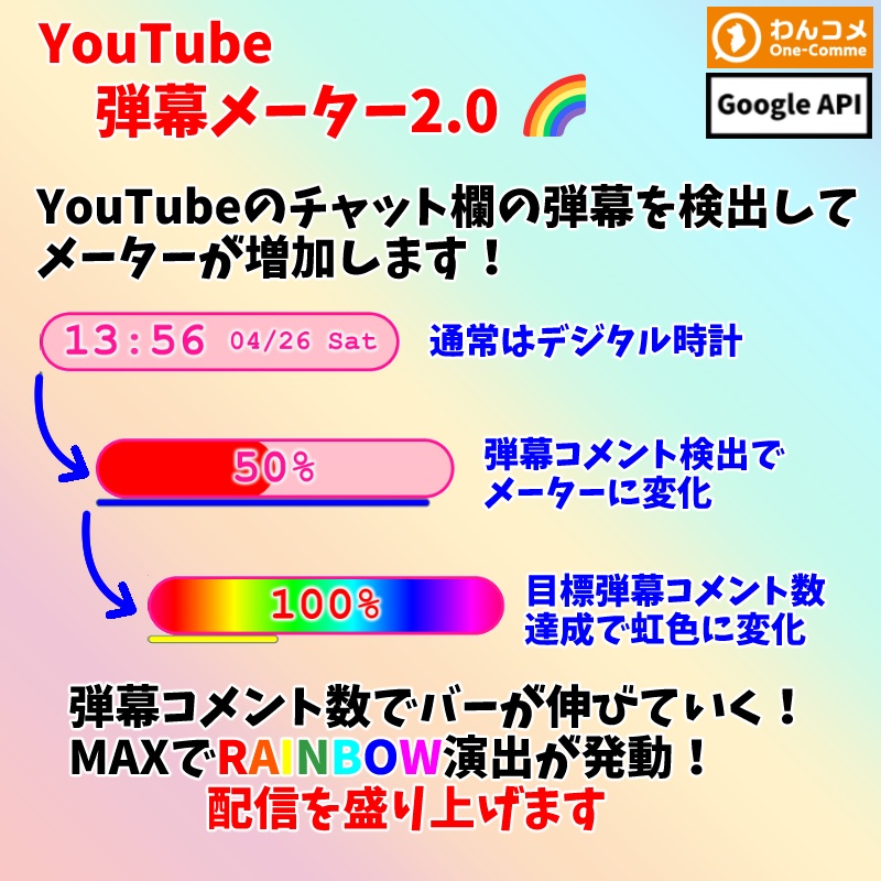 【有料280円/無料0円】OBS用 時計と見せかけた弾幕メーター2.0🌈 わんコメ対応