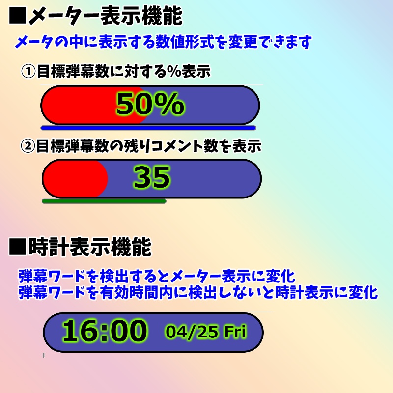 【有料280円/無料0円】OBS用 時計と見せかけた弾幕メーター2.0🌈 わんコメ対応