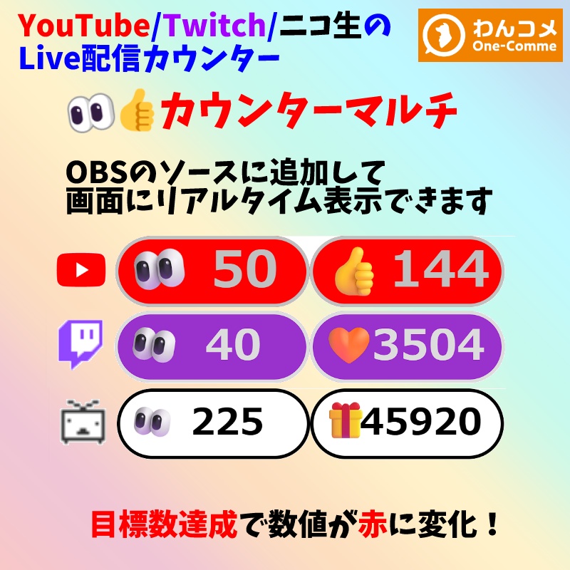 【有料280円】👀👍カウンターマルチ YouTube/Twitch/ニコ生のLive配信カウンター（わんコメテンプレート）