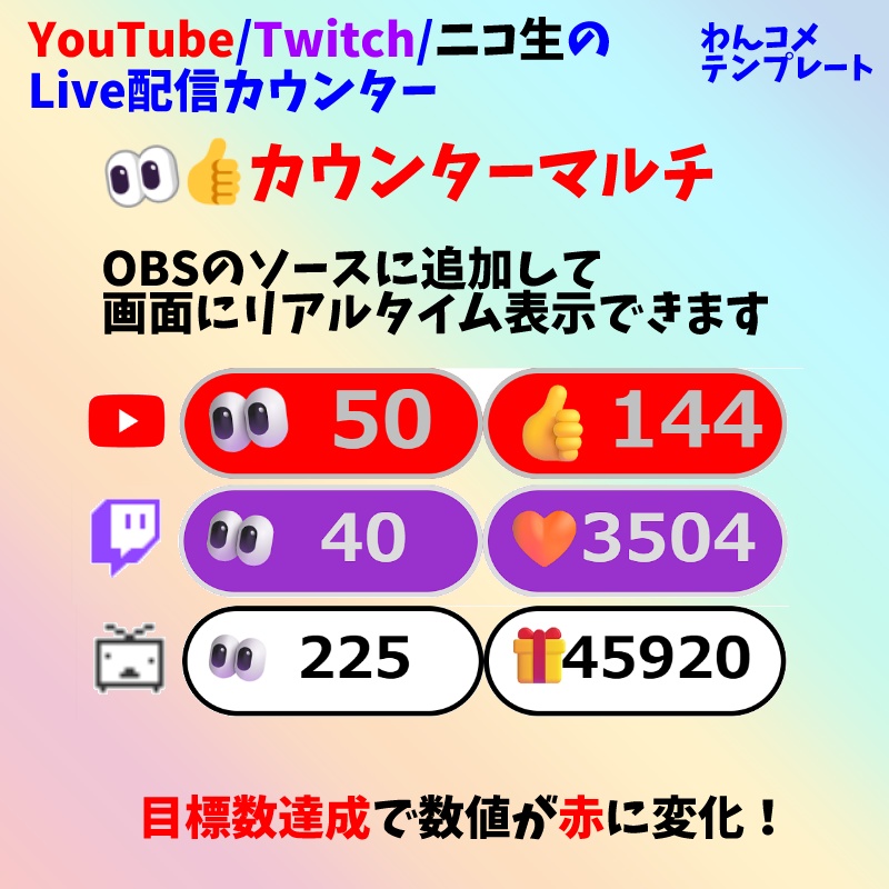 【有料250円】👀👍カウンターマルチ YouTube/Twitch/ニコ生のLive配信カウンター(わんコメテンプレート)
