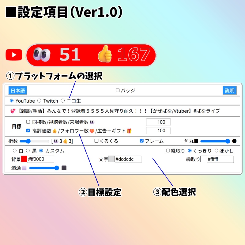 【有料280円】👀👍カウンターマルチ YouTube/Twitch/ニコ生のLive配信カウンター(わんコメテンプレート)