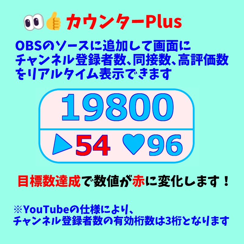 【無料0円】「👀👍カウンターPlus」YouTube Liveの同接数、高評価数、チャンネル登録者数の表示