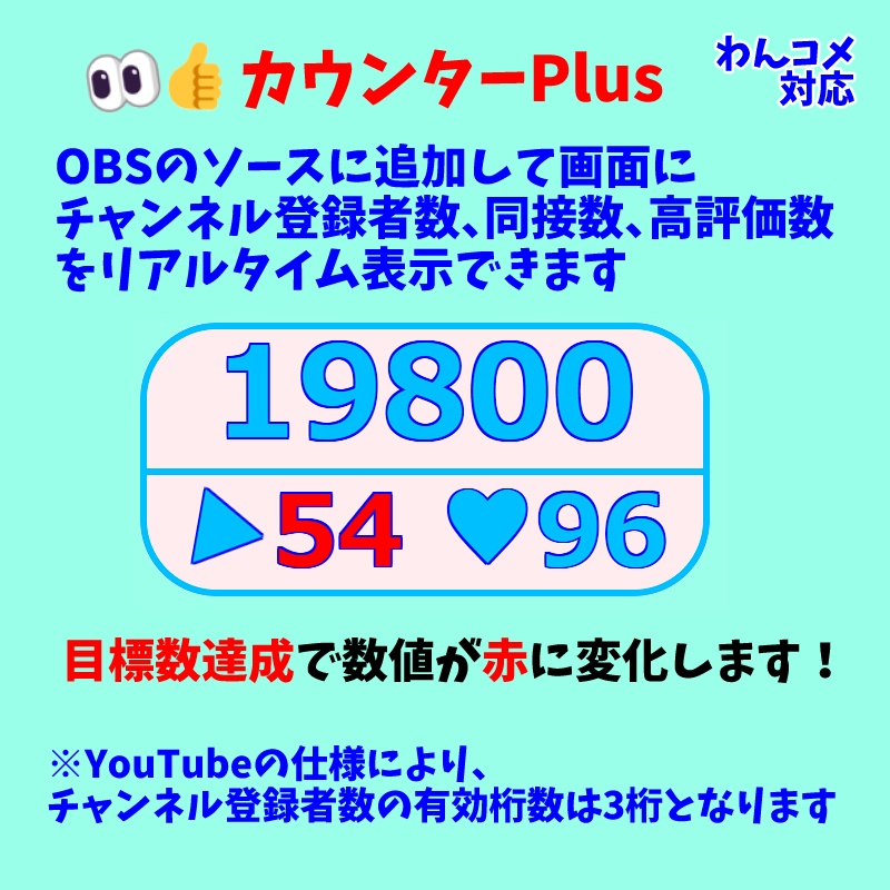 【無料0円】「👀👍カウンターPlus」YouTube Liveの同接数、高評価数、チャンネル登録者数の表示