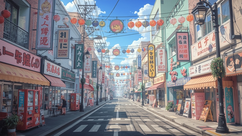 【100円】ポップな商店街＆海辺の背景素材セット｜ゲーム・動画に使えるアニメ調背景8枚