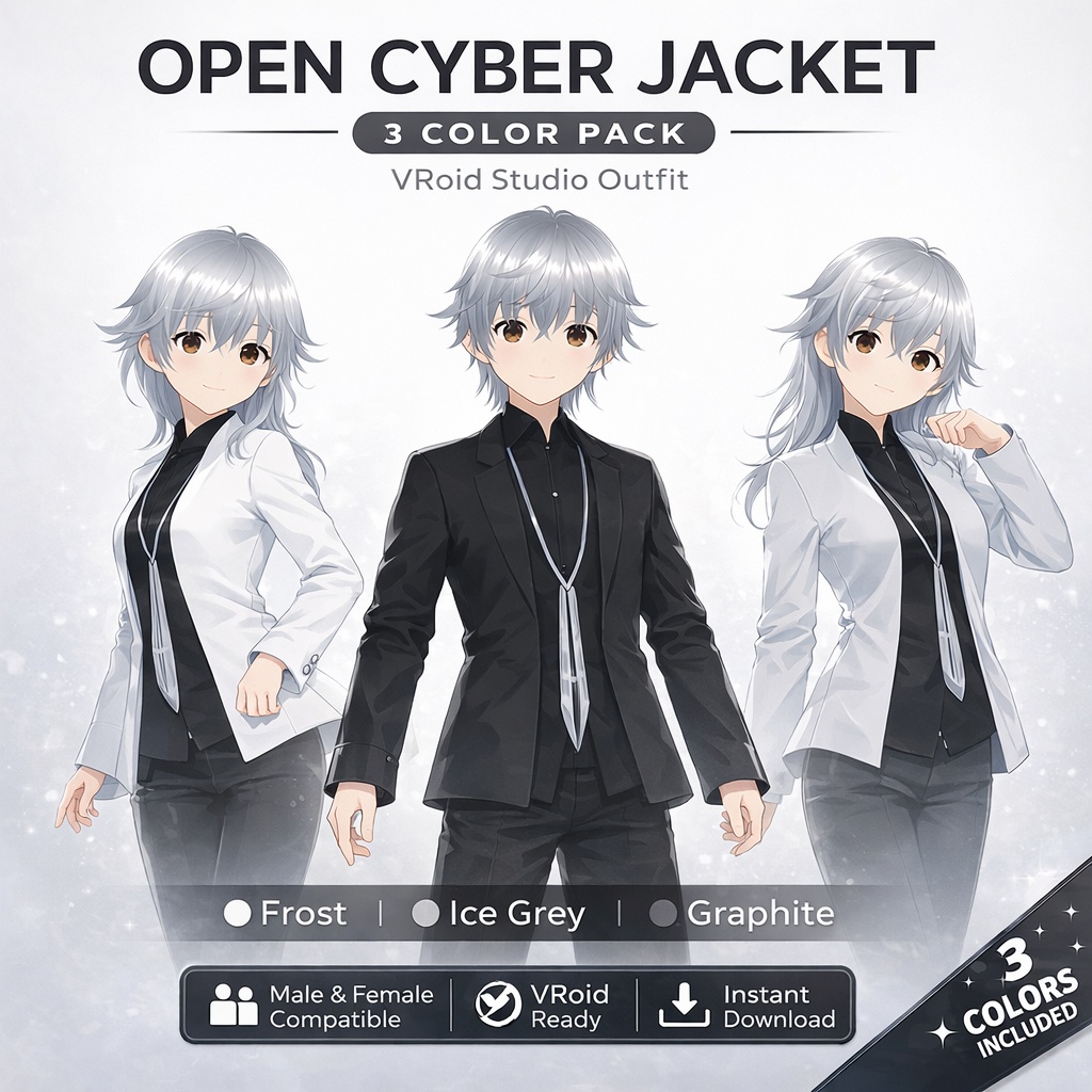 VRoid Outfit | Cyber Jacket | VTuber Clothes | 3 Color Pack (Frost / Ice Grey / Graphite)