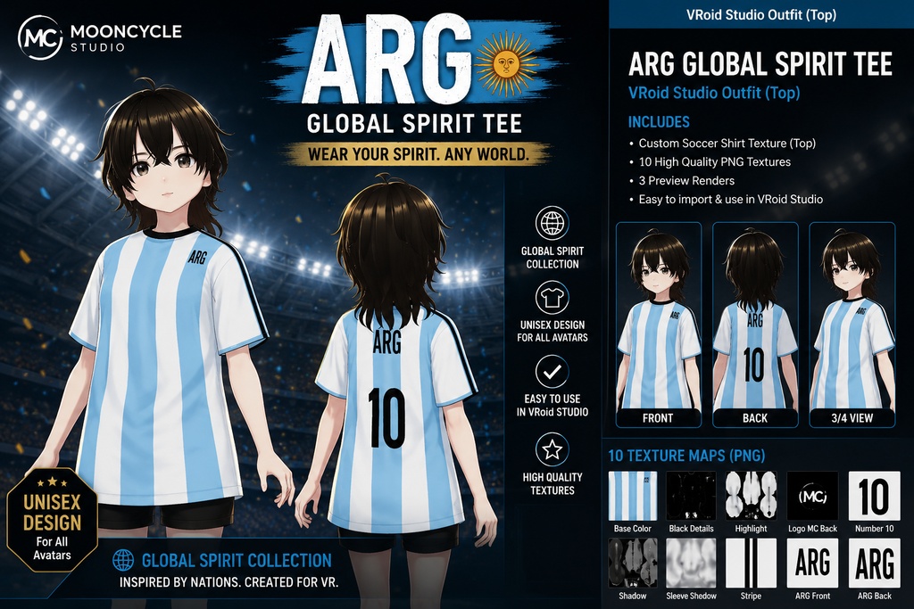 ARG Global Spirit Tee | VRoid Studio Outfit | Unisex Soccer Shirt