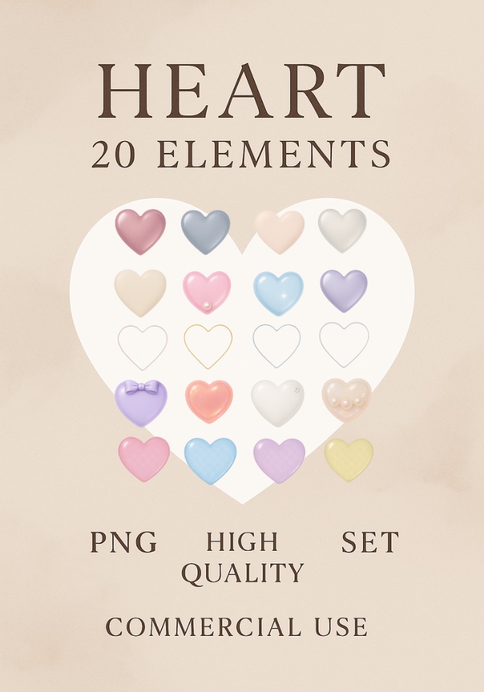 【Glam20】透明ガラス、くすみパステルハート素材｜20点セット
