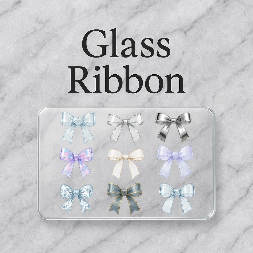 【Mini9】 ガラスリボン – プラチナ×ブルーのエレガントリボン素材| 9点セット