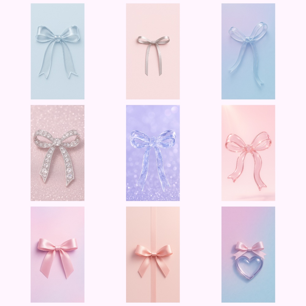 パステルカラー × ガラスリボン ・シフォンリボン 　スマホ壁紙｜９点セット