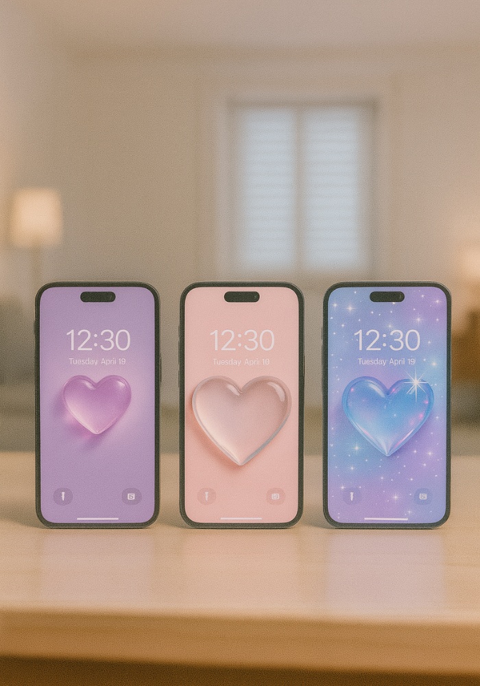 シンプルガラスハートスマホ壁紙(透明感たっぷりの大人ガーリー)|9点セット