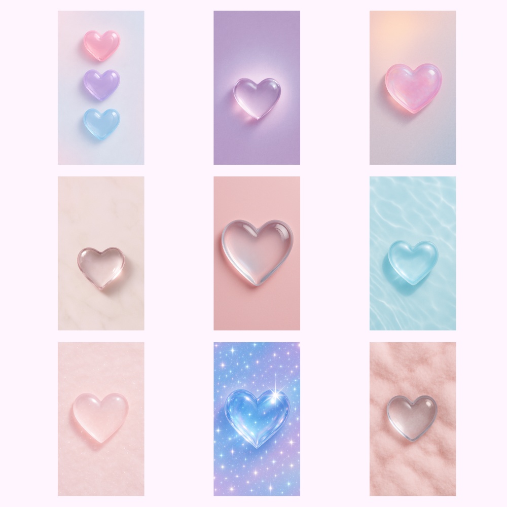 シンプルガラスハートスマホ壁紙(透明感たっぷりの大人ガーリー)|9点セット