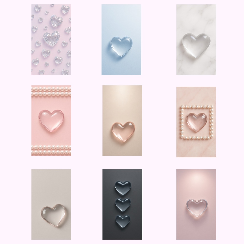 大人シックガラスハートスマホ壁紙（透明感たっぷりの大人ガーリー）｜9点セット