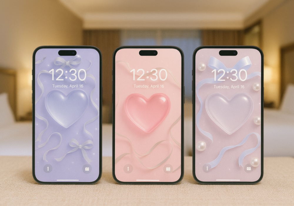 透明ハートとリボンの淡カラーきらめきスマホ壁紙 |9点セット