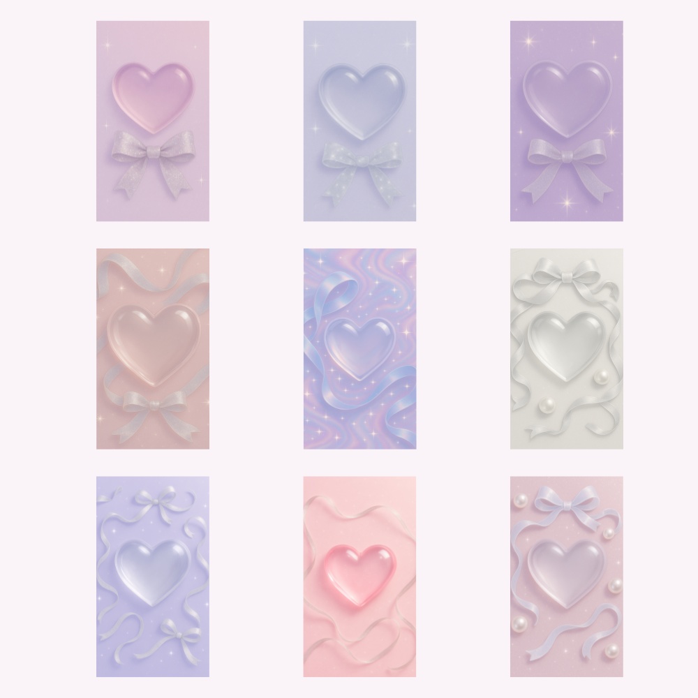 透明ハートとリボンの淡カラーきらめきスマホ壁紙　｜９点セット