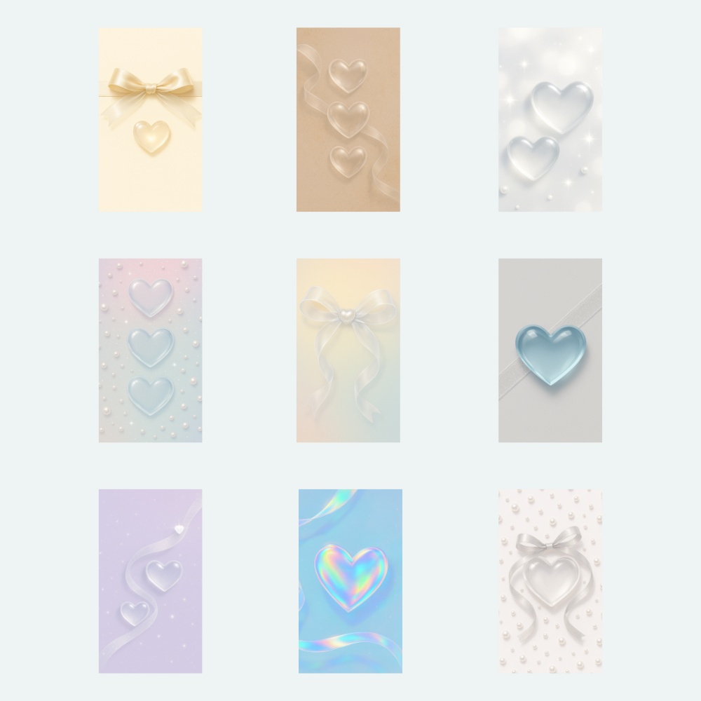 うるつやガラスハート壁紙 — パール＆リボンの上品スマホ背景 —｜９点セット