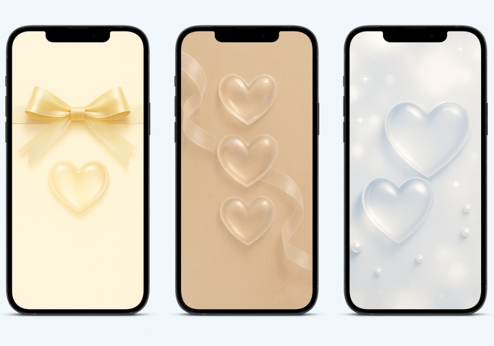 うるつやガラスハート壁紙 — パール&リボンの上品スマホ背景 —|9点セット