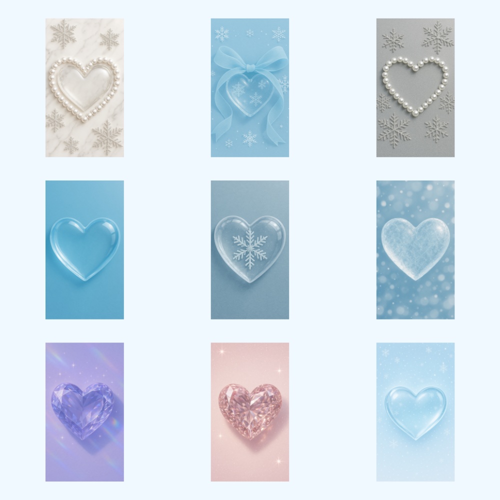 冬の透明ハート&雪の結晶 壁紙 |9点セット