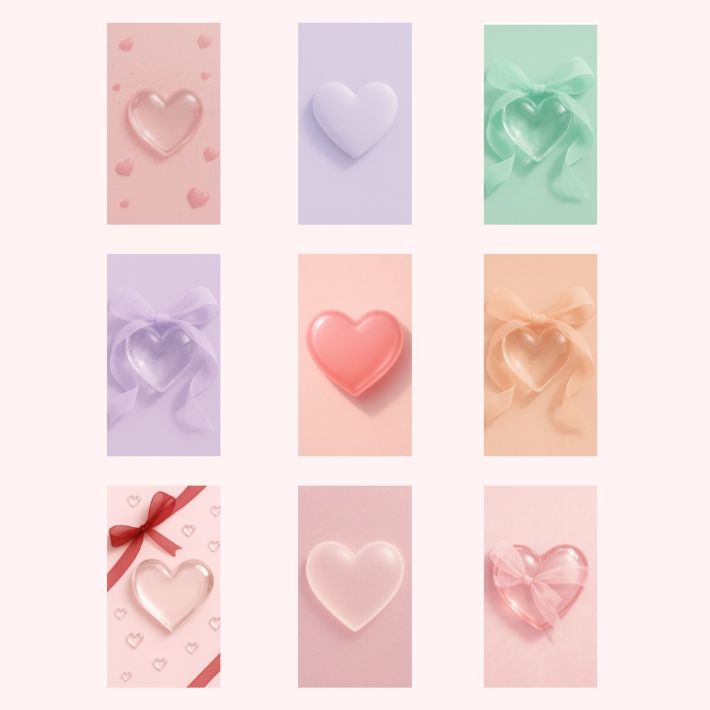 光が差し込むモーブカラーガラスハート壁紙｜９点セット