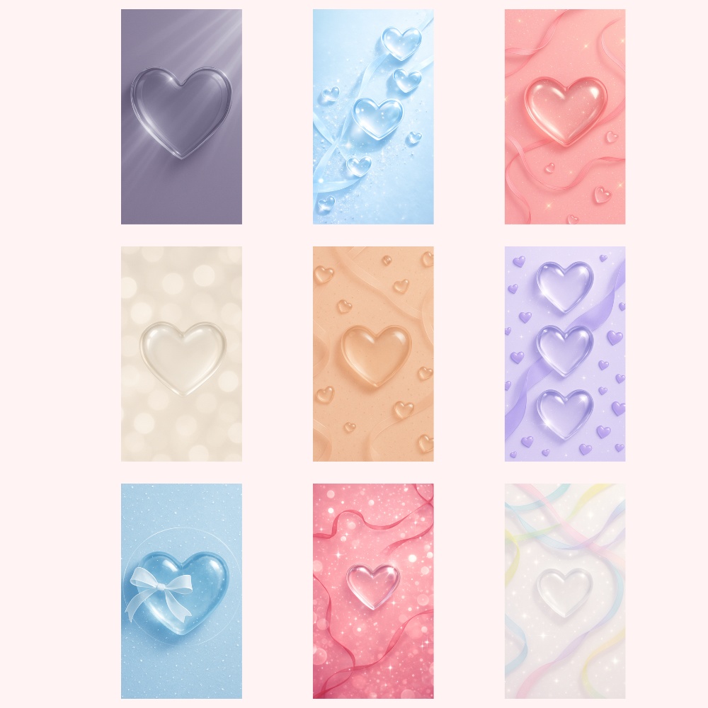 うるガラスハート＆リボンのスマホ壁紙｜9点セット