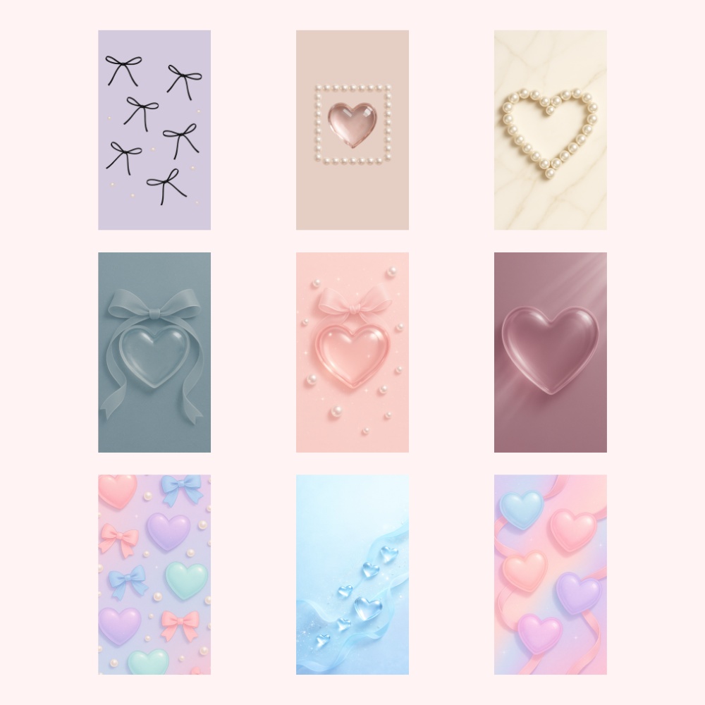 パステルカラーのガラスハート壁紙｜９点セット