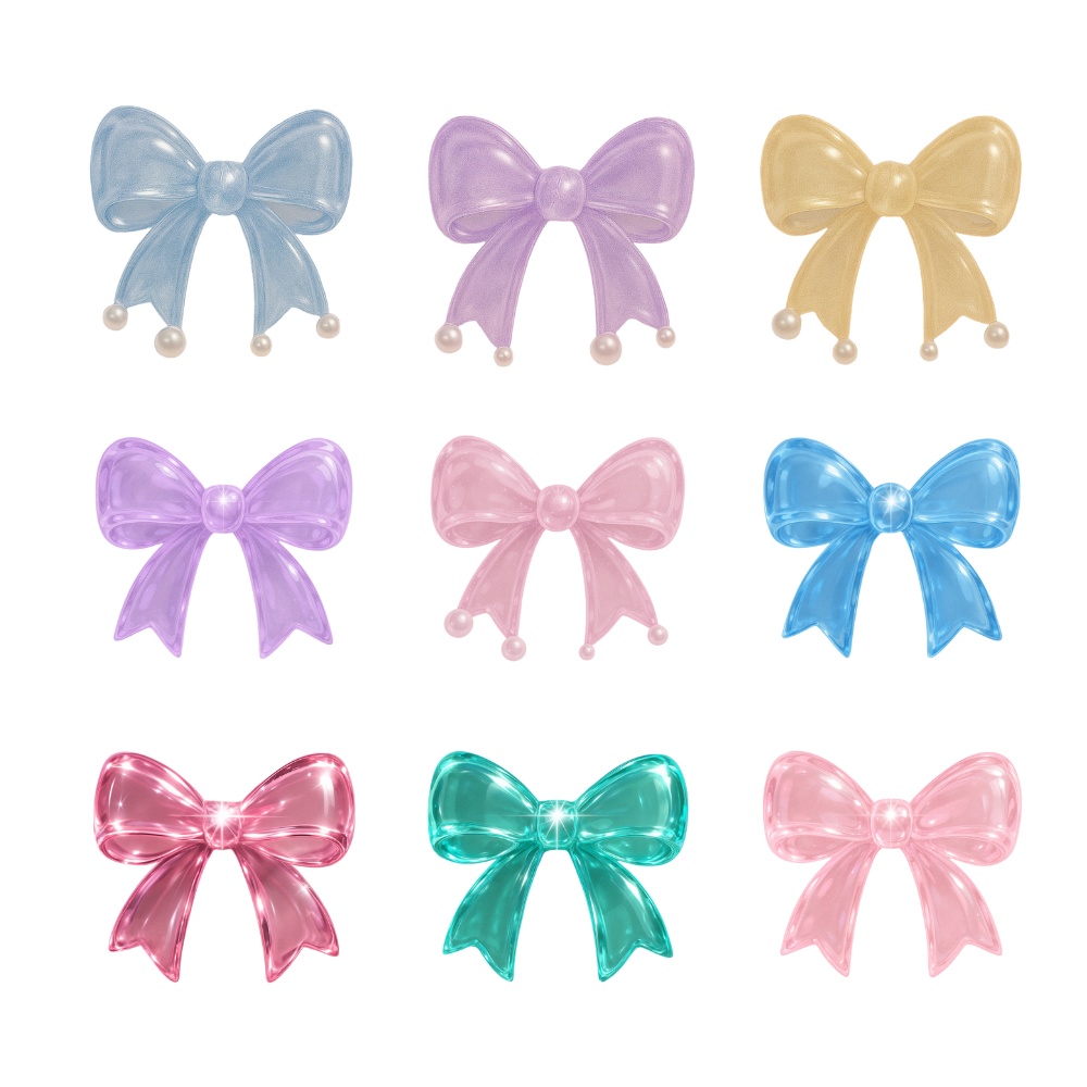 ガラスリボン素材&リボン背景14点セット|パステル背景5種+リボン9種|キラキラ透明・可愛いデザイン