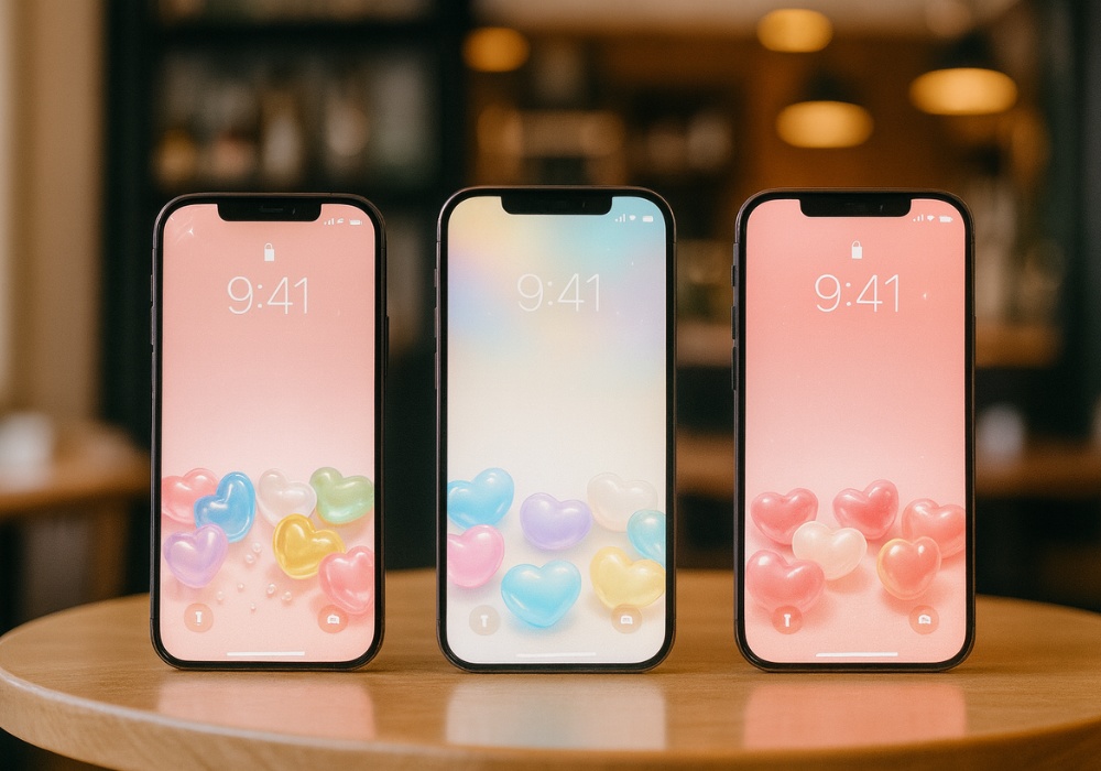 パステル透明ハート壁紙セット9点セット（うるうる・キラキラ・かわいいスマホ壁紙）