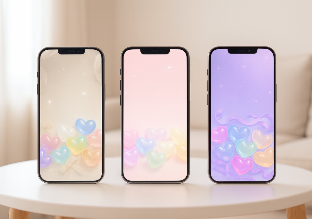 パステル透明ハート壁紙セット9点セット(うるうる・キラキラ・かわいいスマホ壁紙)